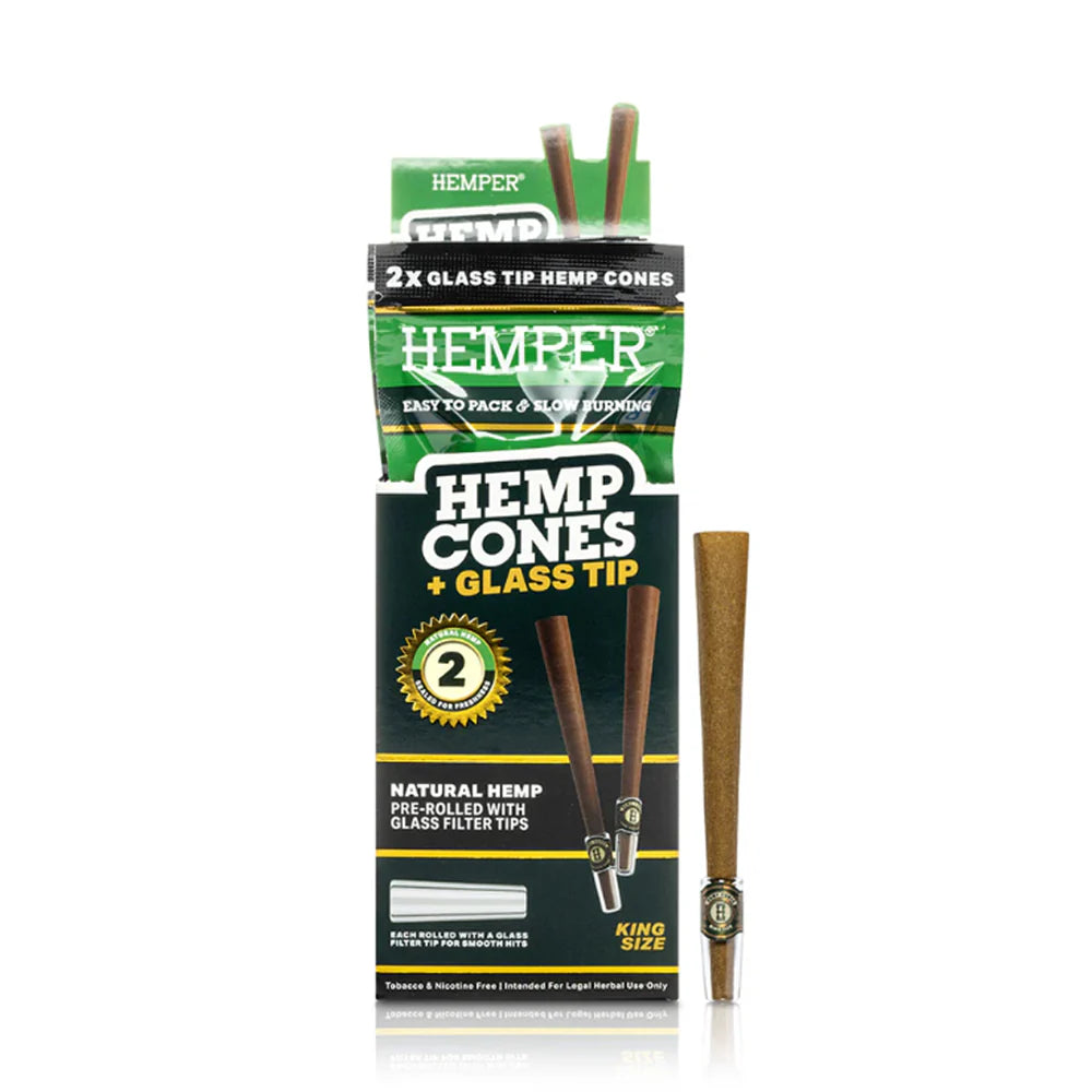 Hemper Hemp Cone Rolls + Glass Tips 2 Pack (12 pcs) - Natural Hemp