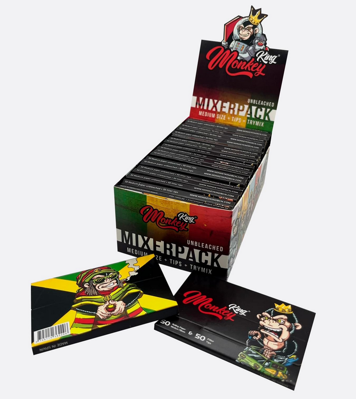 Monkey King Rolling Papers, Tips & Tray: TryMix Mixer Pack - Medium 1¼ Unbleached (24 Pack)