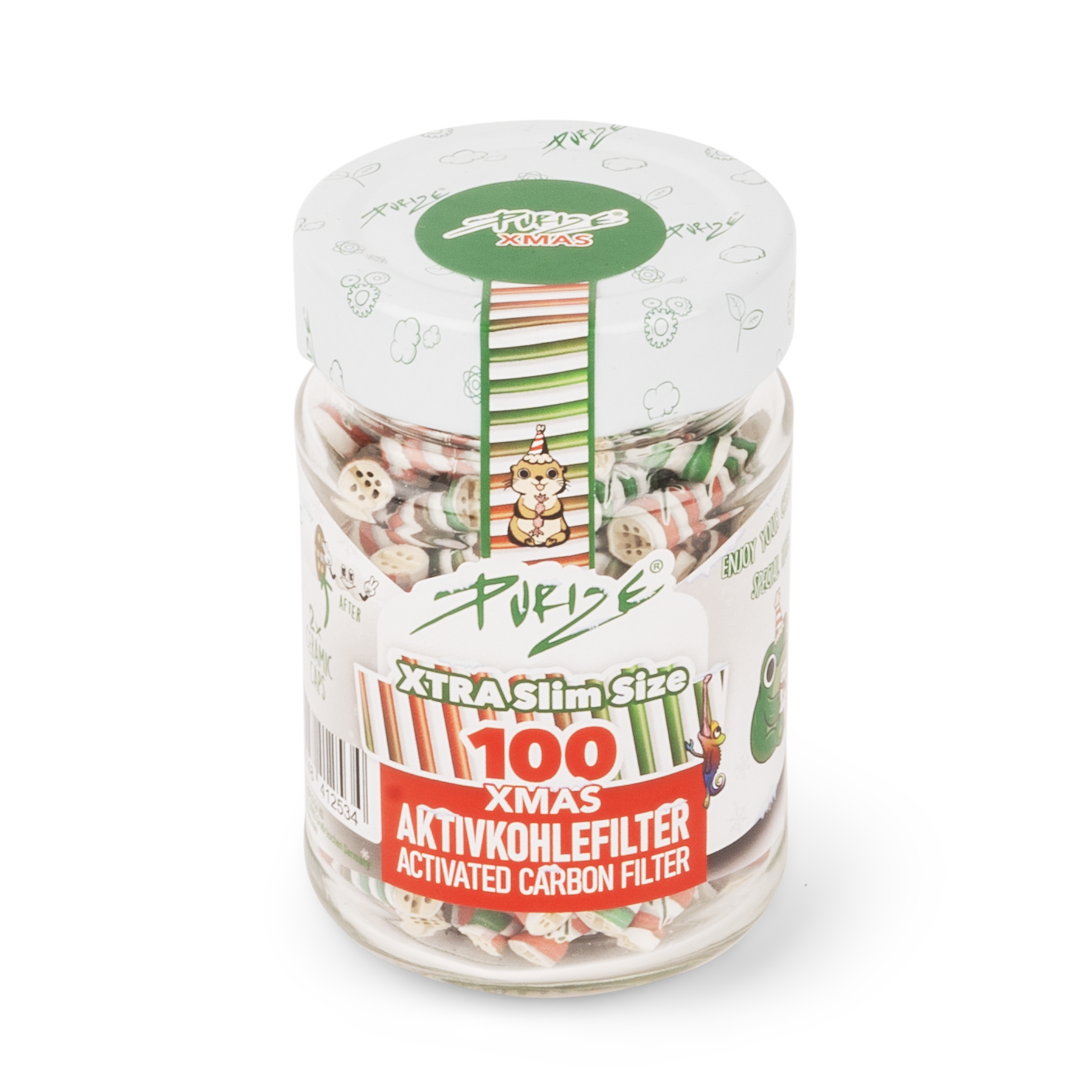 PURIZE® Activated Carbon Xtra Slim Filters Glass Jar - Xmas Edition (100 pcs)