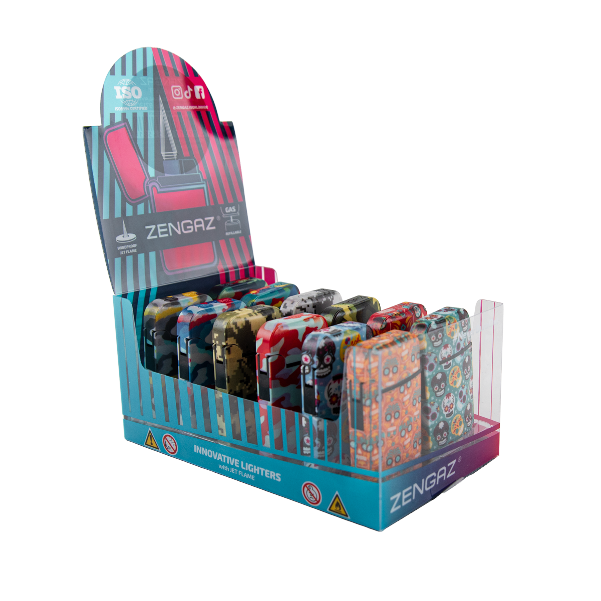 Zengaz Zl-13 Camo And Calavera Wing Jet Lighters (12 Pack)