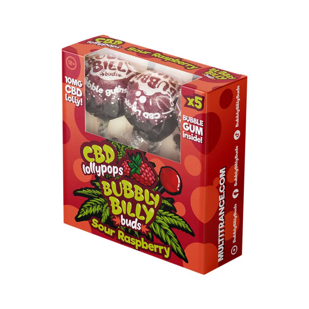 Multitrance Bubbly Billy Buds CBD Lollipops: Sour Raspberry (5 Pack Gift Box)
