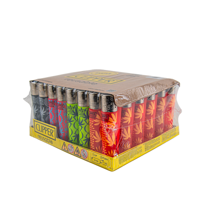 A bulk pack of 12 Clipper brand disposable lighters in a cardboard tray wrapped in clear plastic. The lighters are arranged in rows and display a variety of colors including black, blue, green, red, and orange, with a yellow brand label on the side.