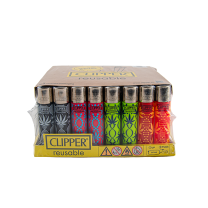 A bulk pack of reusable Clipper brand lighters in a cardboard tray wrapped in clear plastic. The pack contains six different colored lighters with matching patterned heads: black, gray, blue, red, green, and orange.