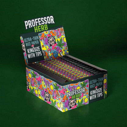 Professor Herb King Size Rolling Papers & Tips - Ultra Thin Rice Paper (Full Box)