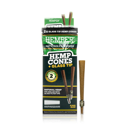 Hemper Hemp Cone Rolls + Glass Tips 2 Pack (12 pcs) - Natural Hemp