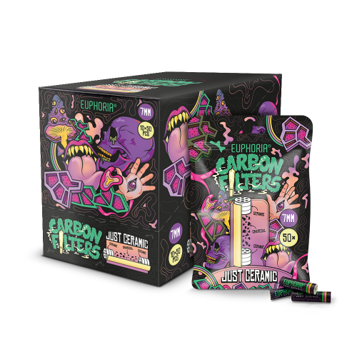 A product image featuring a box and individual carbon filters for smoking, with colorful packaging and branding.