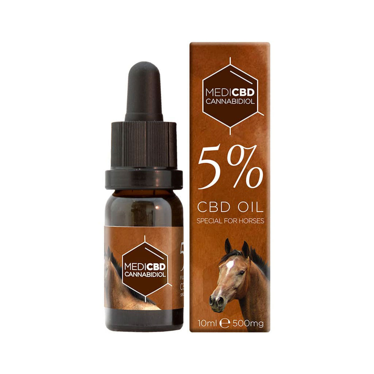 CBD oil bottle and packaging for horses with Medibio label on a white background