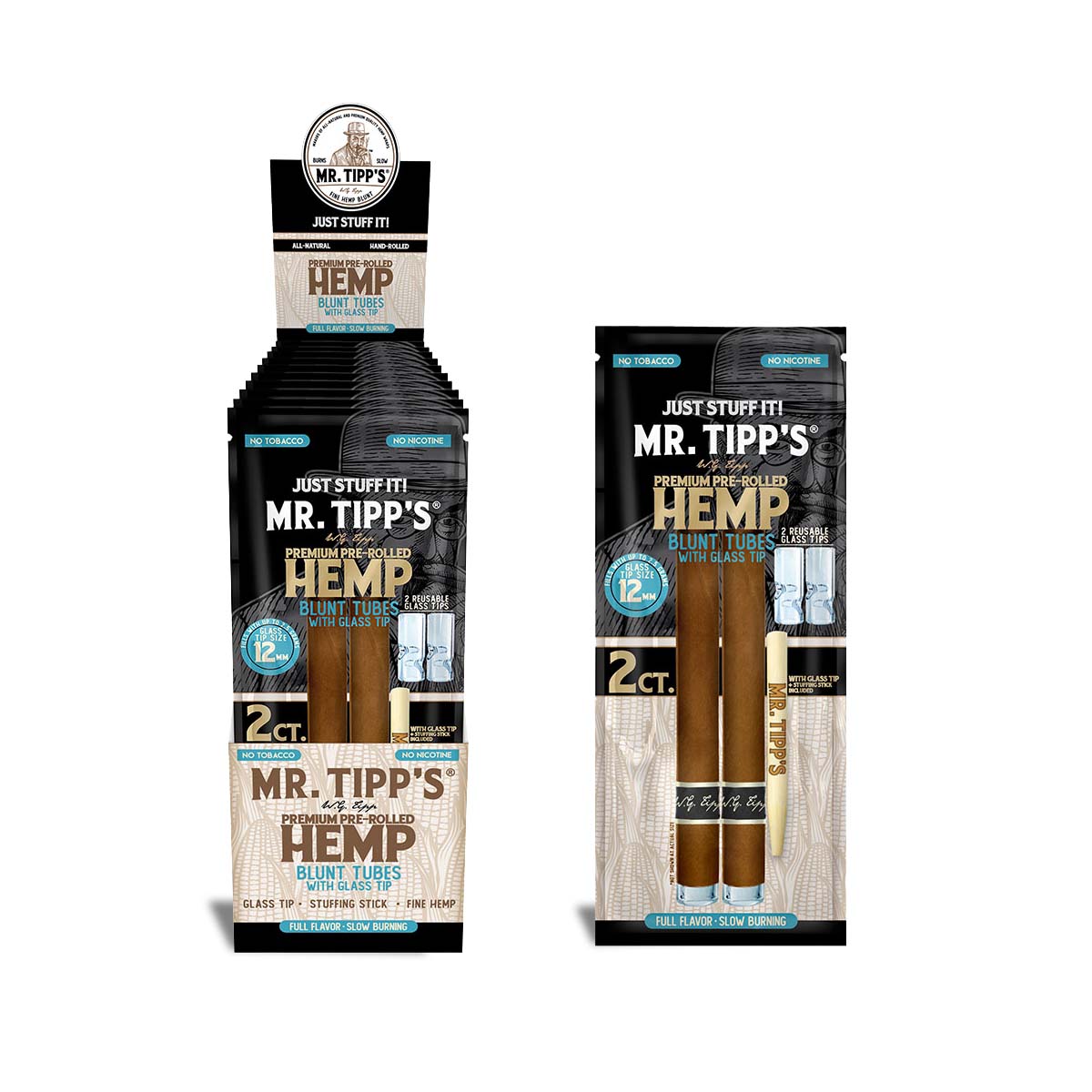 Mr Tipp's Pre-Rolled Hemp Blunt Tubes: Glass Tip 12mm - 2 Tubes