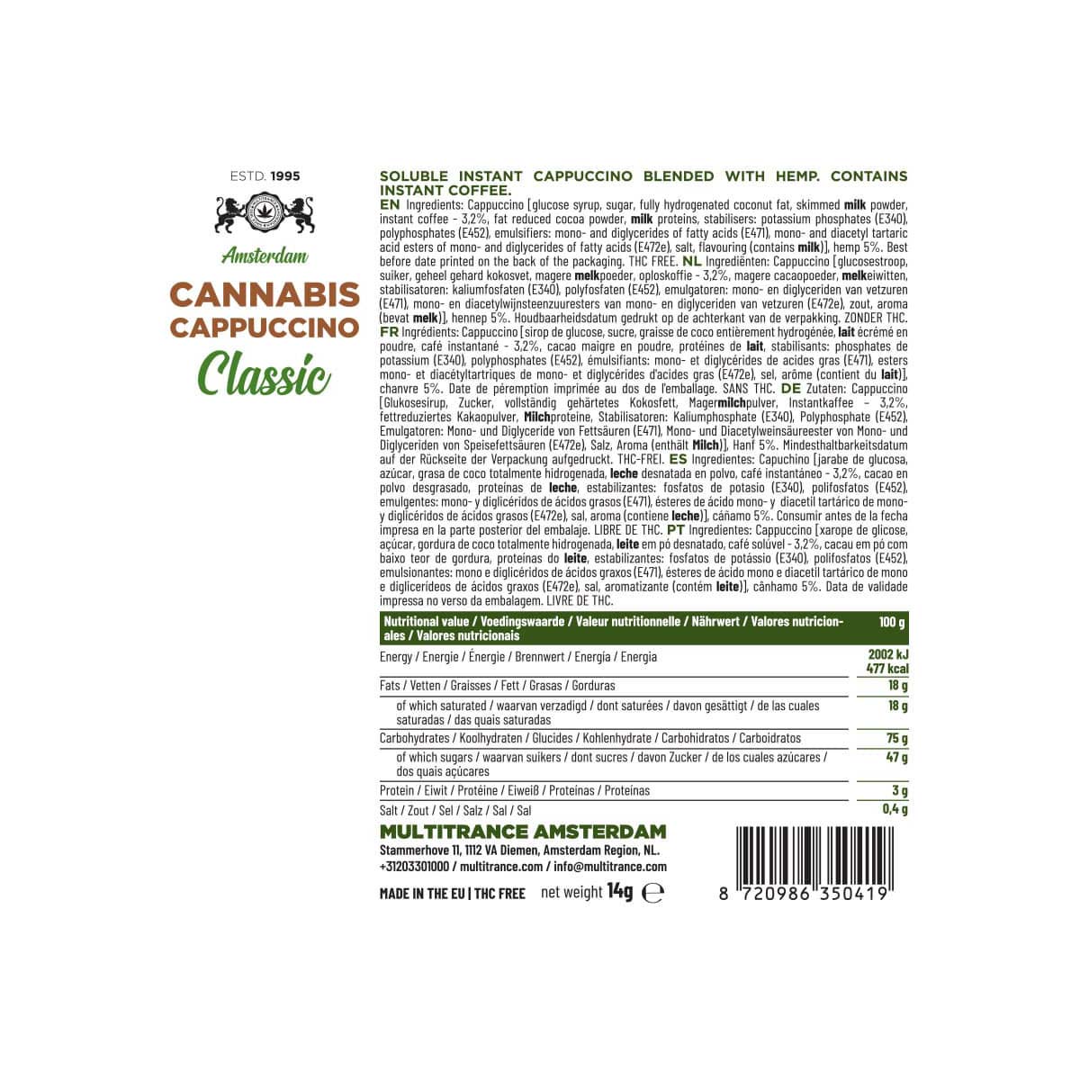 Multitrance Cannabis Coffee Instant Cappuccino: Classic - 10mg (10 Sachets)