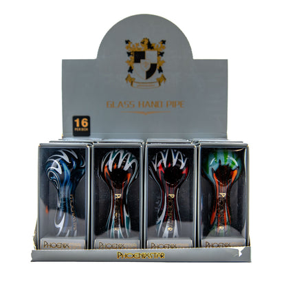 Phoenix Star: 4" Mixed Design Mini Wig Wag Glass Spoon Hand Pipe CDU 16 Pack - (PGP102)