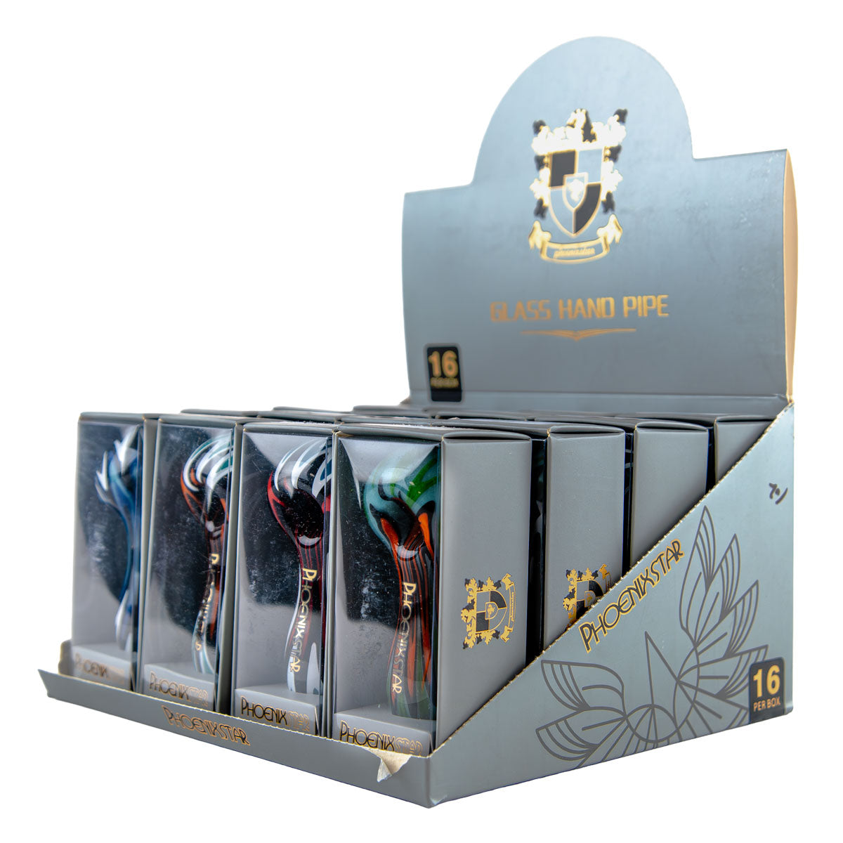 Phoenix Star: 4" Mixed Design Mini Wig Wag Glass Spoon Hand Pipe CDU 16 Pack - (PGP102)