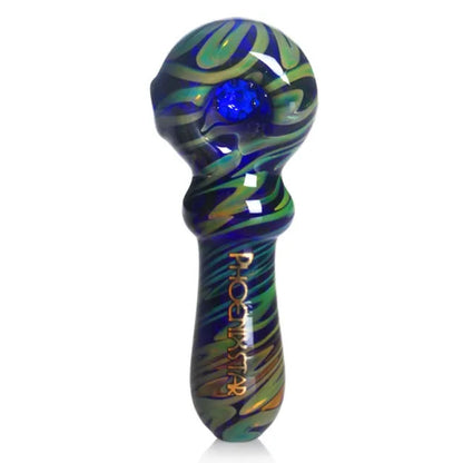 Phoenix Star: Blue/Green 4" 7 Hole Screen Glass Hand Pipe - (PGP105)