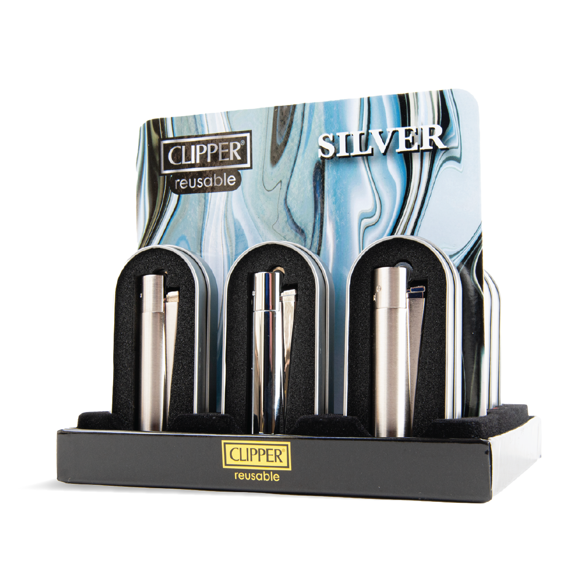 Clipper Metal Lighters Display - Silver (12 pcs)