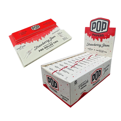 POP King Size Ultra Thin Rolling Papers & POP Tips - Strawberry Jam (Full Box)