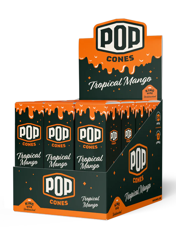 POP King Size Unbleached Pre Rolled Cones - Tropical Mango (Full Box)