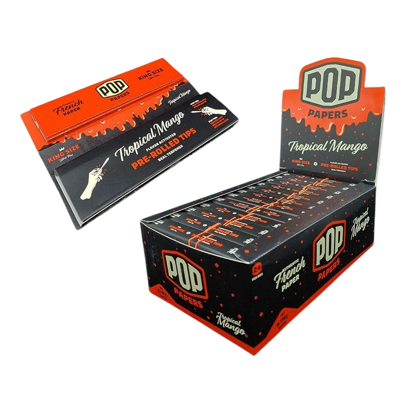 POP King Size Unbleached Rolling Papers & POP Tips - Tropical Mango (Full Box)