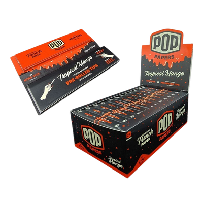 POP King Size Unbleached Rolling Papers & POP Tips - Tropical Mango (Full Box)