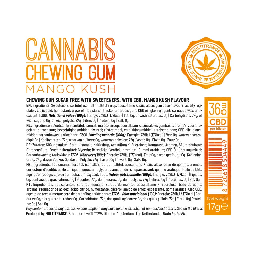 Cannabis CBD Chewing Gum: Mango Kush -  36mg (24 Pack)