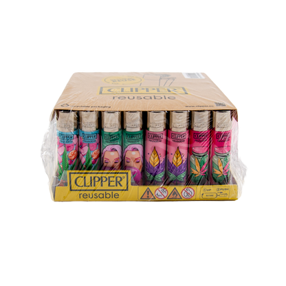 Box of Clipper lighters with colorful packaging on a white background