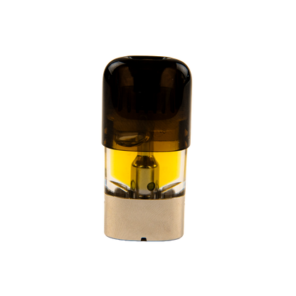 Vape cartridge with brown top and beige bottom on a white background