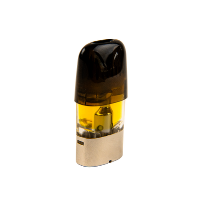 Vape pen cartridge with clear yellow middle section on a white background